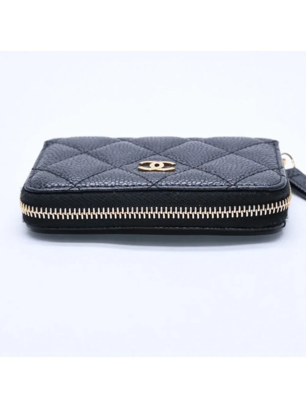 Chanel Classic Zip Coin Purse Quilted Caviar Leather Stand Black Wallet Card